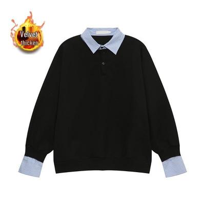 Men's Fleece-Lined Retro Two-Piece Look Hoodie - College Style Winter Shirt Collar Top