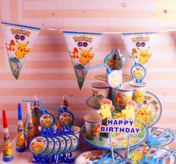 Pokmon Pikachu Complete Party Set With Paper Banners Plates Hats For Kids Birthday Decorations