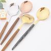 24 ks Černozlatá sada příborů s dřevěnou rukojetí Nerezová sada nádobí Nůž Vidlička Kávová Malé lžičky Stolní nádobí Kuchyňské Stříbrné nádobí