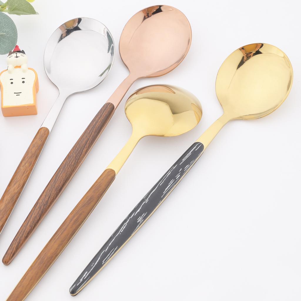 24 ks Černozlatá sada příborů s dřevěnou rukojetí Nerezová sada nádobí Nůž Vidlička Kávová Malé lžičky Stolní nádobí Kuchyňské Stříbrné nádobí