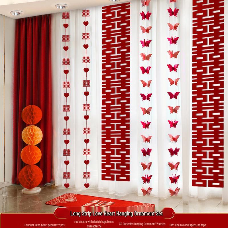 3D Butterfly Wedding Room Decoration Set: Double Happiness Curtains and Pull Flower Ornaments