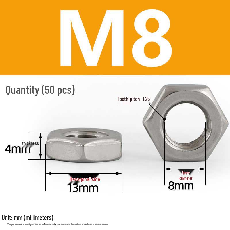 304 Stainless Steel Hex Thin Nut Cap - Sizes M2.5 to M20