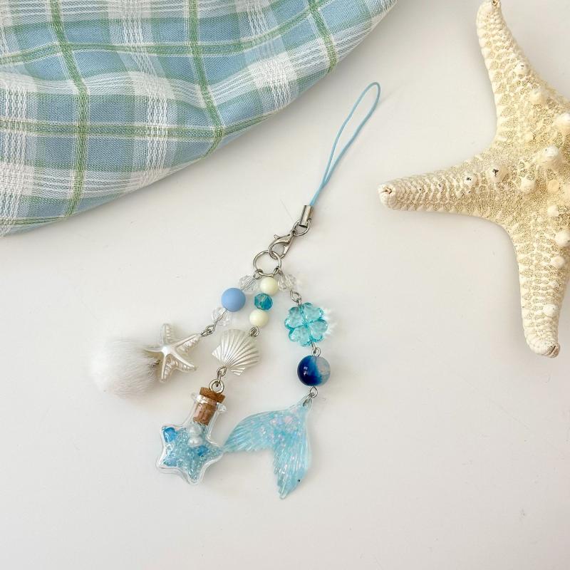 Fantasy Ocean Drift Bottle Keychain Fishtail Starfish Charm Pendant Keyring Jewelry For Girl Women Gift Bag Decoration