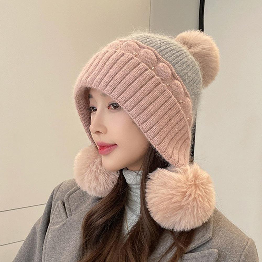 

Ear Protection Knitted Hat Pearl-embellished Women s Beanies Casual Bonnet Caps Autumn Winter