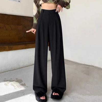 Pantalon long pour femme avec fermeture éclair et boutons, taille haute, pour le bureau, avec poches, couleur unie, coupe droite, jambe large