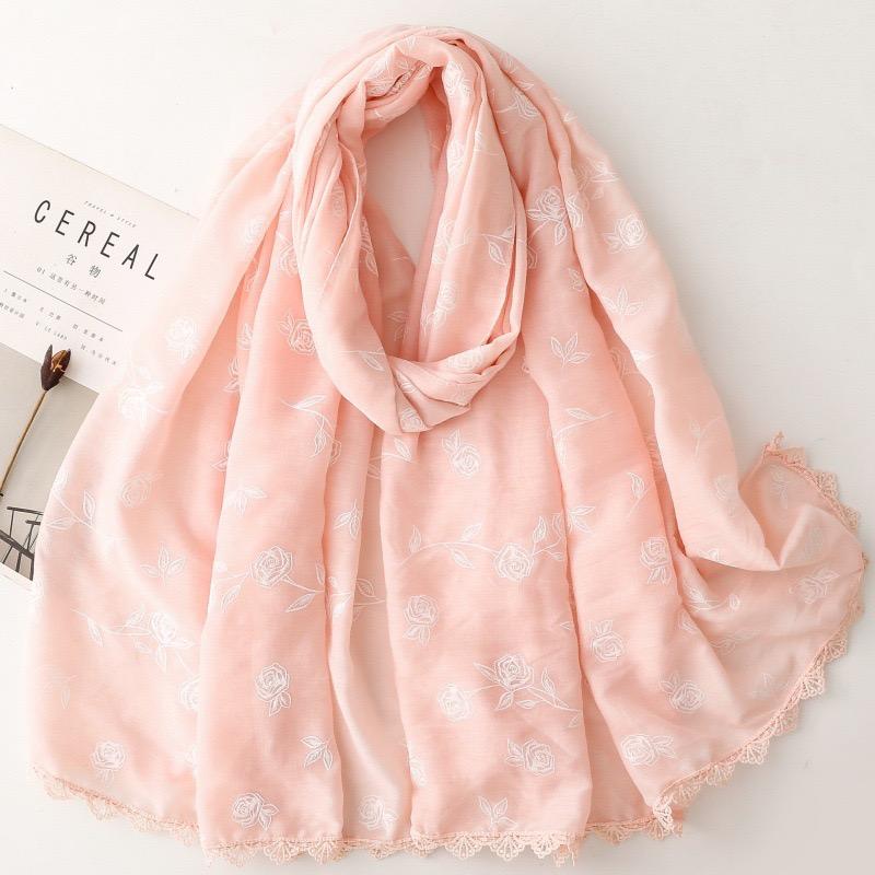 Winter Plain Lace Chain Stitch Rose Floral Viscose Scarf High Quality Shawl Wrap Pashmina Stole For Ladies Muslim Hijab 180*90Cm