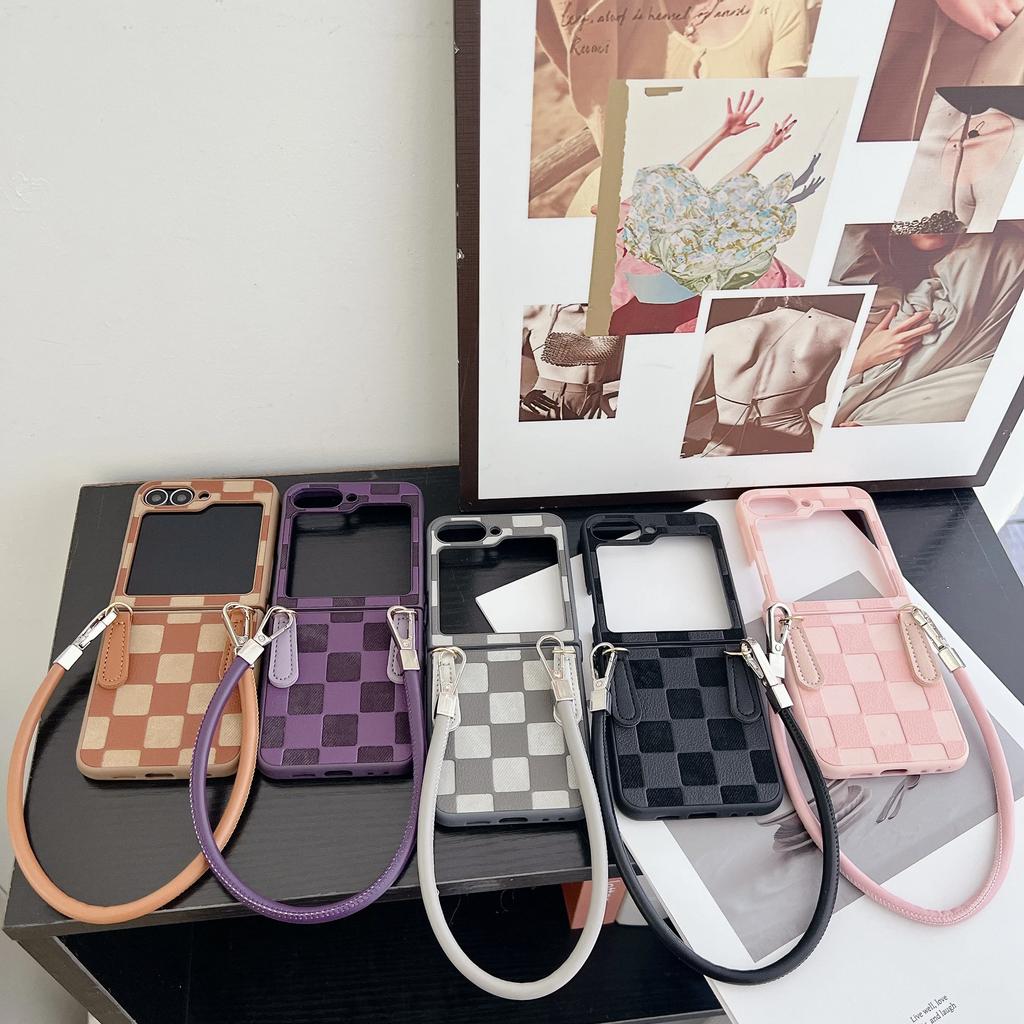 Kostkovaný PU kožený řemínek na zápěstí Pouzdro na telefon pro Samsung Galaxy Z Flip 6 5 4 3 5G Ochrana Nárazuvzdorný kryt