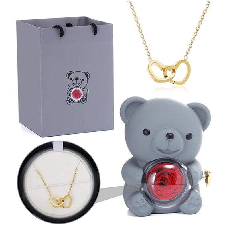 Creative Immortal Flower Rotating Rose Bear Jewelry Box Double Heart Necklace Valentine'S Day Romantic Gift For Women Girlfriend