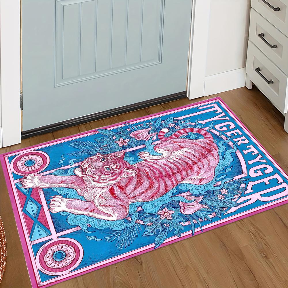 Butterfly Tiger Welcome Door Mat with Pattern Mat for Kitchen Bathroom Checkered Border Bedroom Rugs Home Decoration Carpet