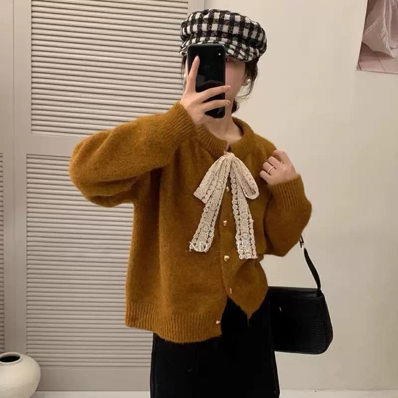 Lace Bow Round Neck Sweater Jacket for Women Autumn and Winter Loose Knitted Cardigan
