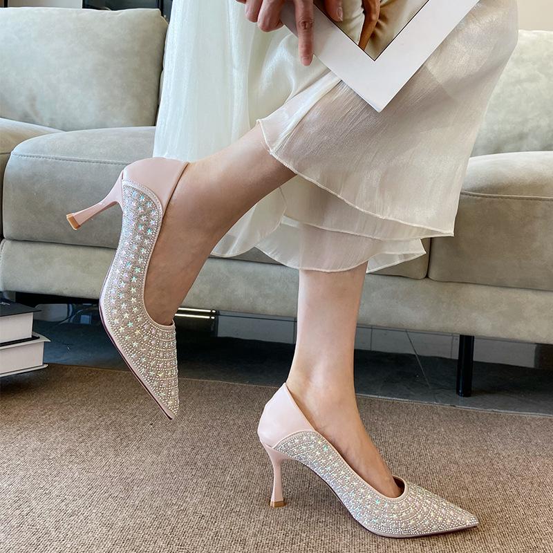 French Xiuhe Wedding Dress Two Wear Crystal Sequined Wedding Shoes Bridal Shoes Pointed Thin Heels Single Shoes High Heels