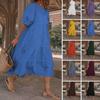 Damen Rundhals Kurzarm Midi Kleid Lockere Passform Elastische Taille Boho Lässig Mehrlagiges Sommerkleid
