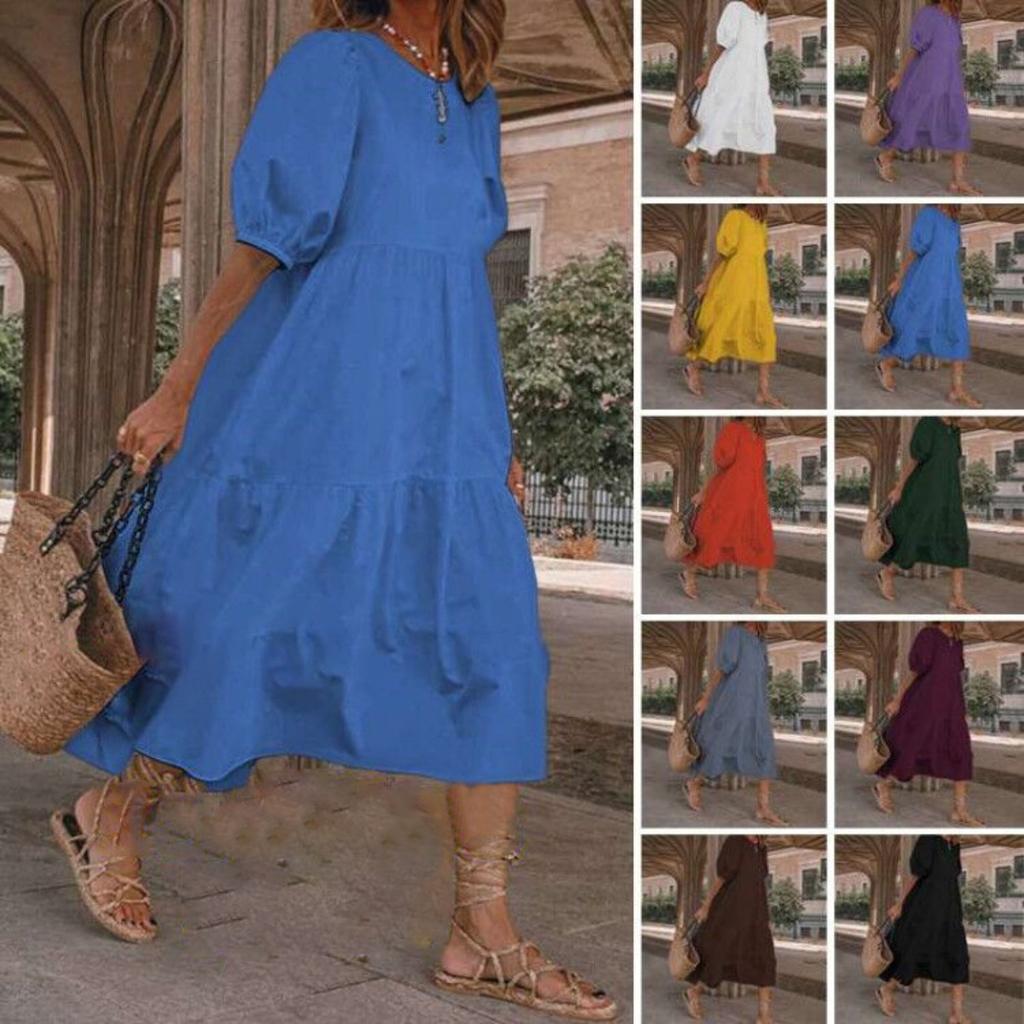 Damen Rundhals Kurzarm Midi Kleid Lockere Passform Elastische Taille Boho Lässig Mehrlagiges Sommerkleid