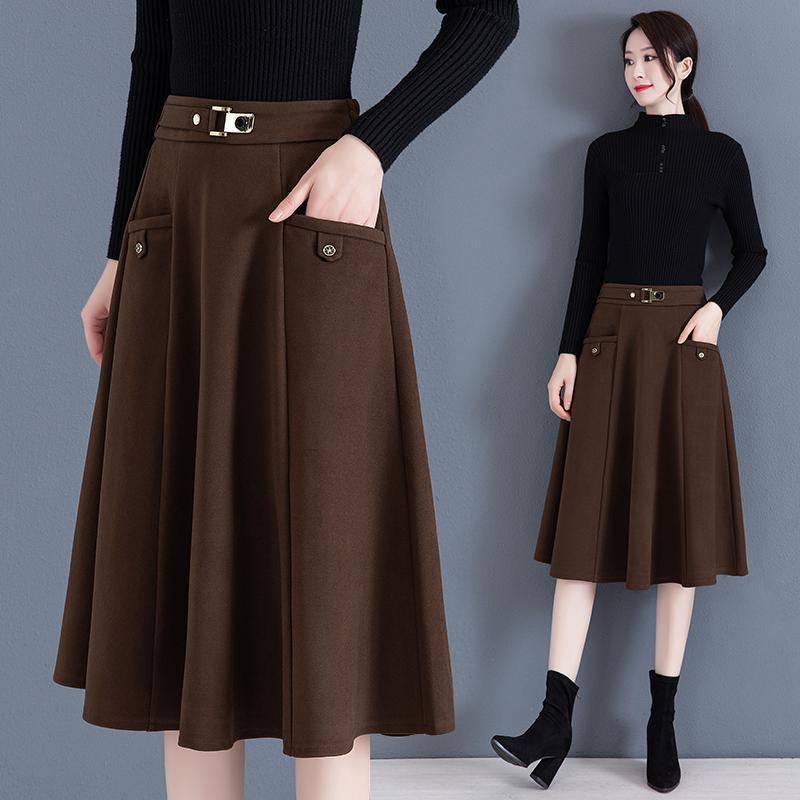 Women's Patchwork High Waist Slimming Long Skirt - Coffee, Large Size, Spring/Autumn 2026