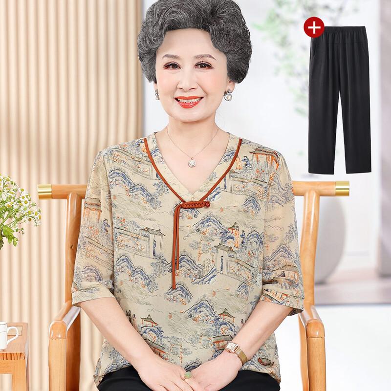 Great Tang Lady Elegant 3/4 Sleeve Round Neck Summer Shirt 5XL