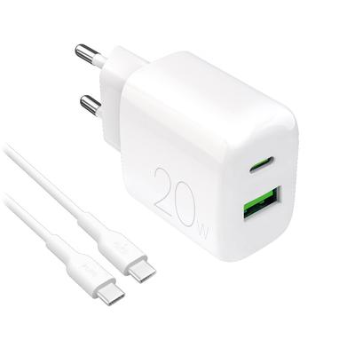 Ładowarka sieciowa USB-A USB-C 20W z kablami USB-C 1,2m - biała