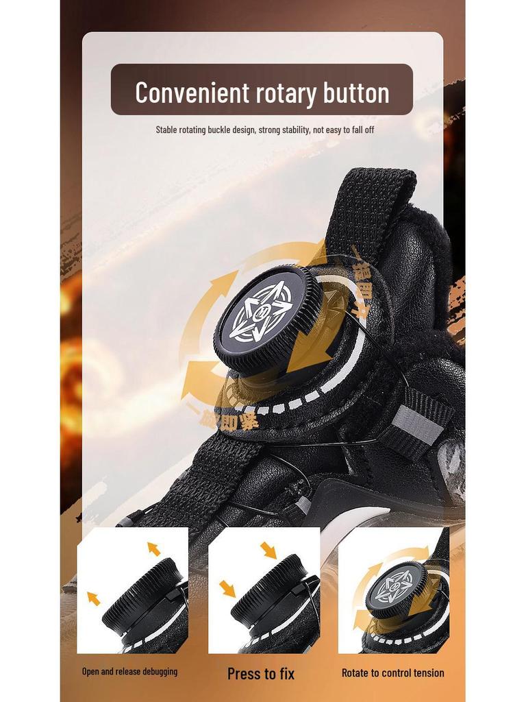 Black Monkey King Kids' Shoes: Warm Cotton-Padded Sneakers, New Style with Rotating Button, Leather Waterproof, Trendy for Boys & Girls.