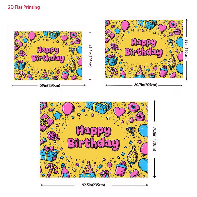 2D Yellow Happy Birthday Backdrop, Cartoon Party Doodles & Gifts Photo Background