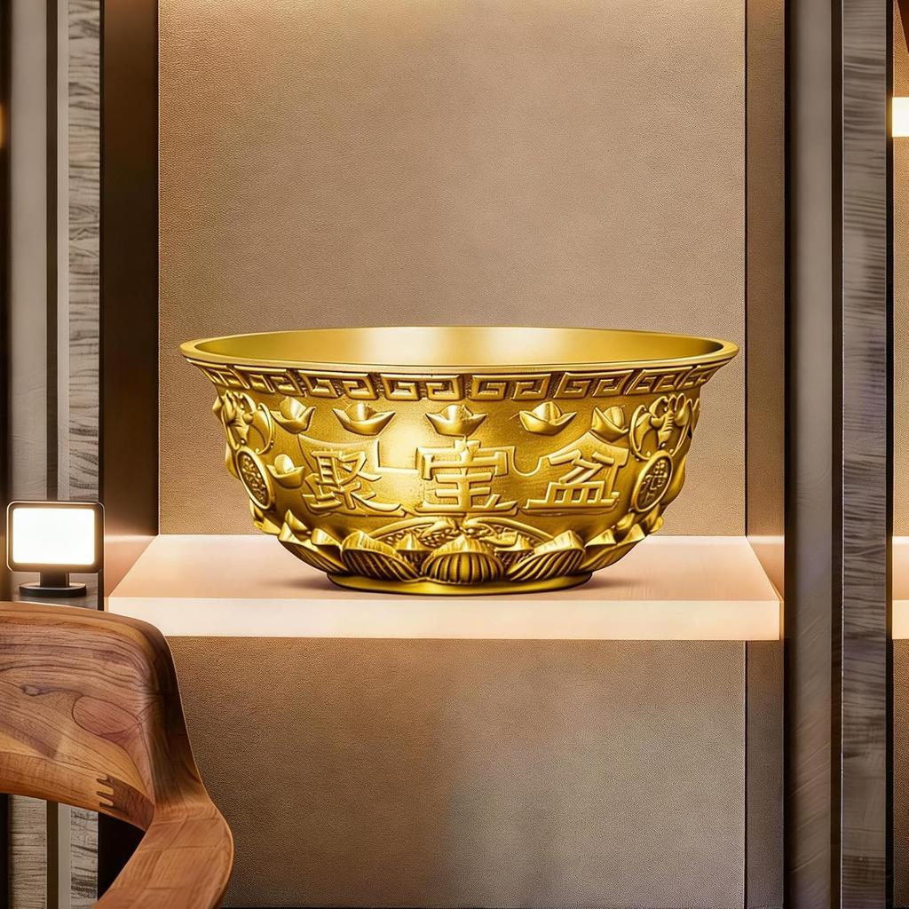 Brass Treasure Bowl - Traditional Chinese Style, Perfect for Home or Office To Attract Wealth and Good Fortune (Length: 16CM)