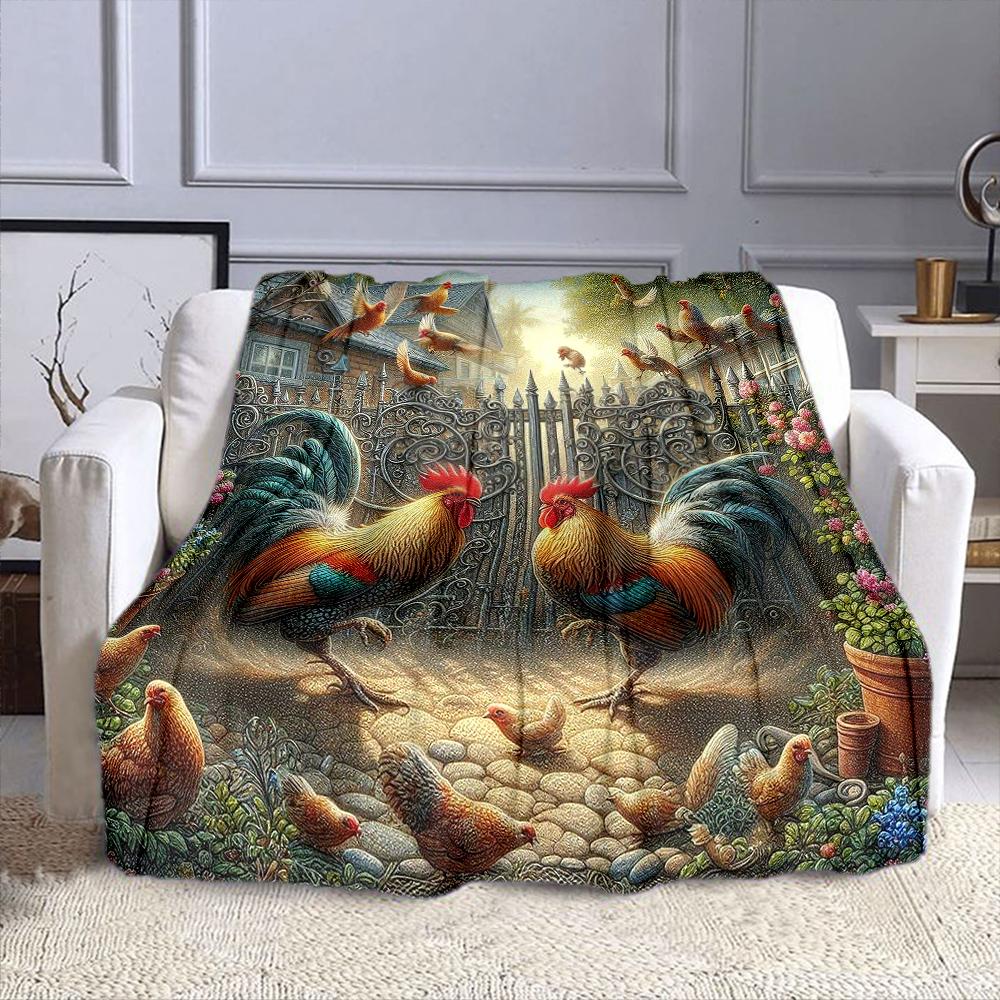 "Colorful Roosters In Garden Scene" Patterned Flannel Blanket Perfect for the Bedroom Living Room, Sofa, or a Little Nap