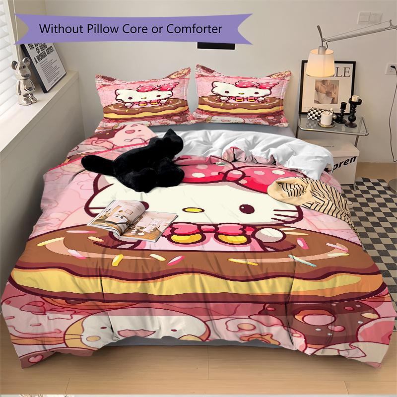 3pcs Sweet Hello Kitty Doughnut Delight Quilt Cover Set - Soft and Cozy Bedroom, Guest Room and Dorm Decorative Bedding 3-Piece Set 1 Quilt Cover
