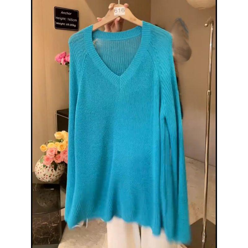 

European Goods 2025 Spring/Summer New V-neck Fancy Blue Long Sleeved Knitting Sweater Female Minimalist Versatile Loose Top Lake Blue XXL
