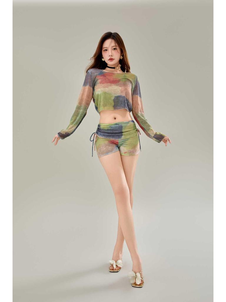 2025 Women's High-End Long Sleeve Swimsuit - Polyester Spandex, Flat Leg, Drawstring Beachwear for Vacations