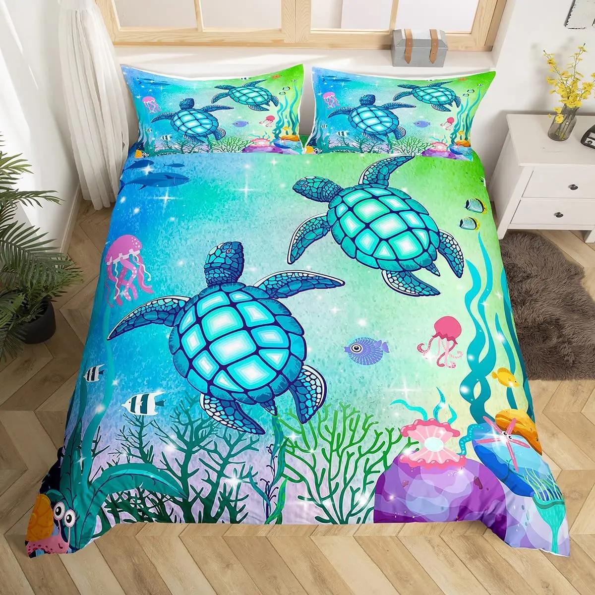 

Sea Turtle King Queen Duvet Cover Watercolor Tortoise Butterfly Comforter Girly Dreaming Animals Polyester Bedding 135x200cm 2pcs