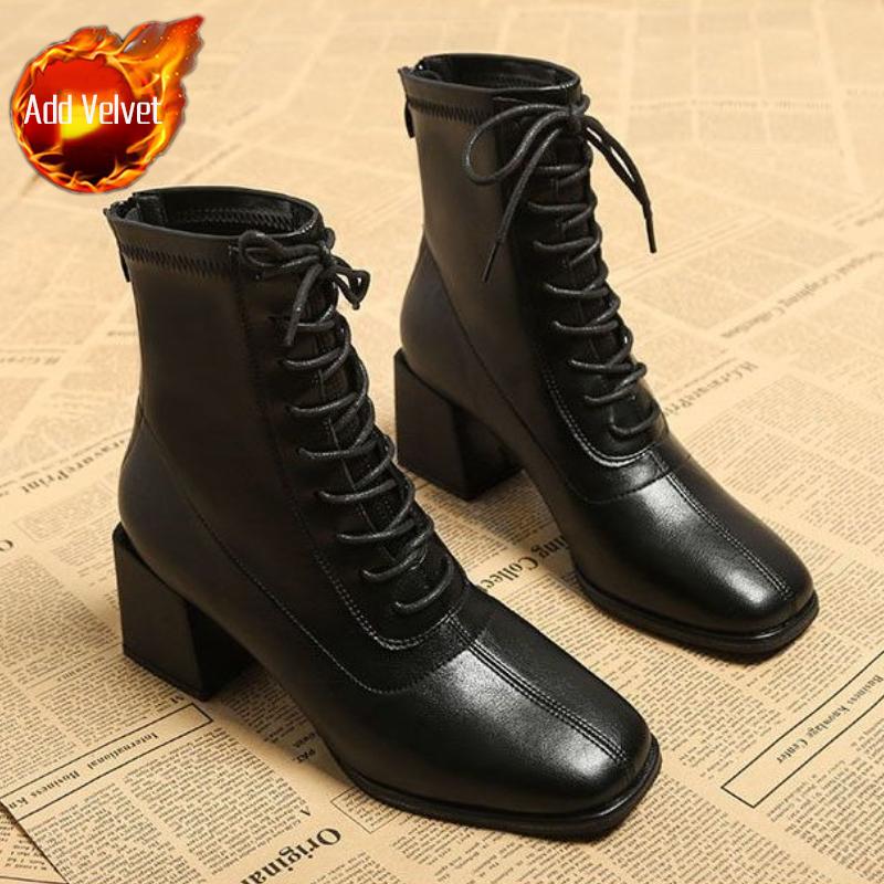 Fashion Elegant with Medium Heels Lace-up Women's Ankle Boots Square Toe Fleece-Lined Booties Autumn Winter Leather Female Short Shoes