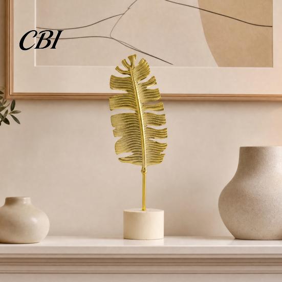 Stable Base Feather Decor Gold Leaf/Feather Ornaments with Weighted Round Base, Metal 3D Three-Dimensional Leaf Pattern Desktop for Home Office