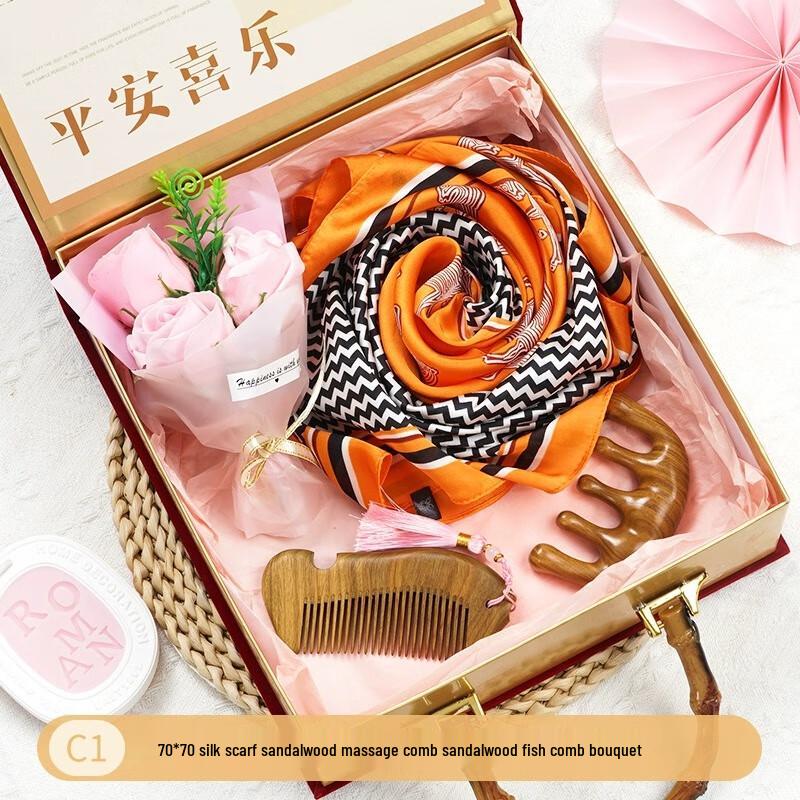 Women's Day Gift Set: Scarf, Sandalwood Combs & Bouquet