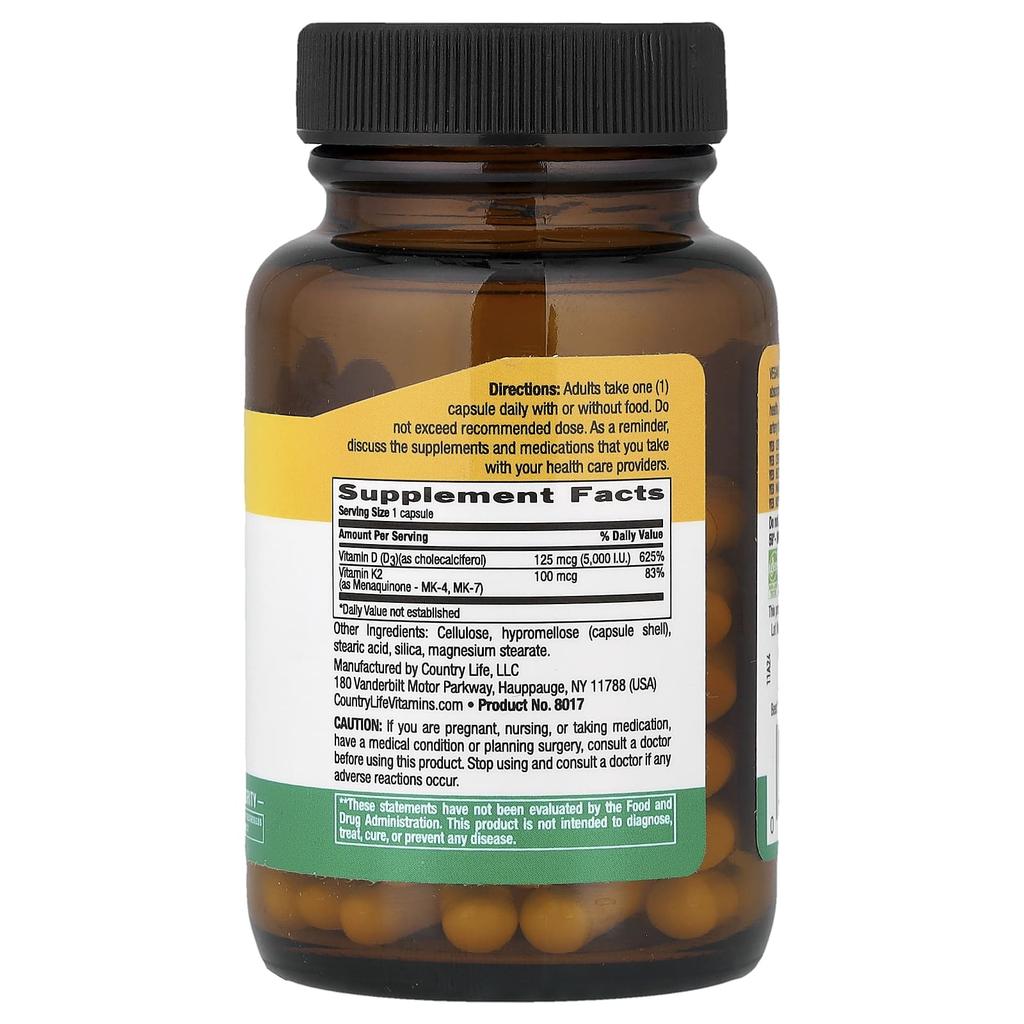 Country Life, Vegan D3 + K2, 60 Veggie Capsules