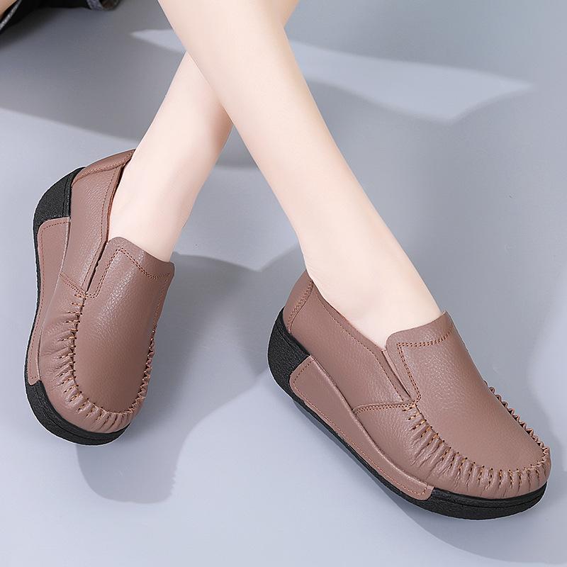 Genuine Leather Women Working Shoes Fashion Wedge Heels Platform Shoes Non-slip Loafers Casual Walking Shoes