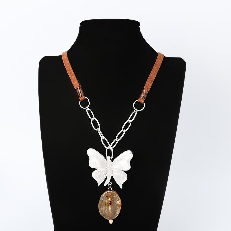 Sweater Chain Long Necklace Women S Fashion Versatile Butterfly Natural Stone High-End Pendant
