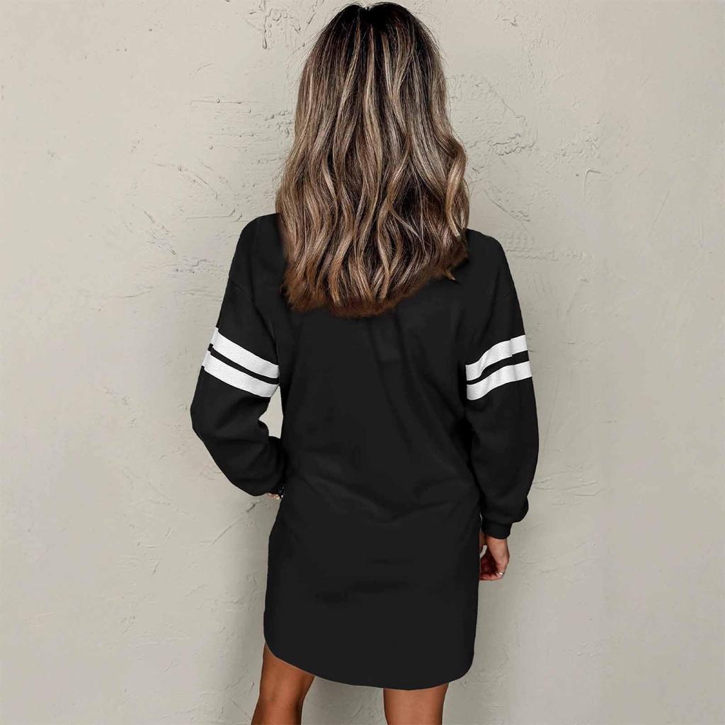 Women's Fashion Striped Sports Hoodie Dress Long Sleeve Round Neck Sports Hoodie Dress With Pocket