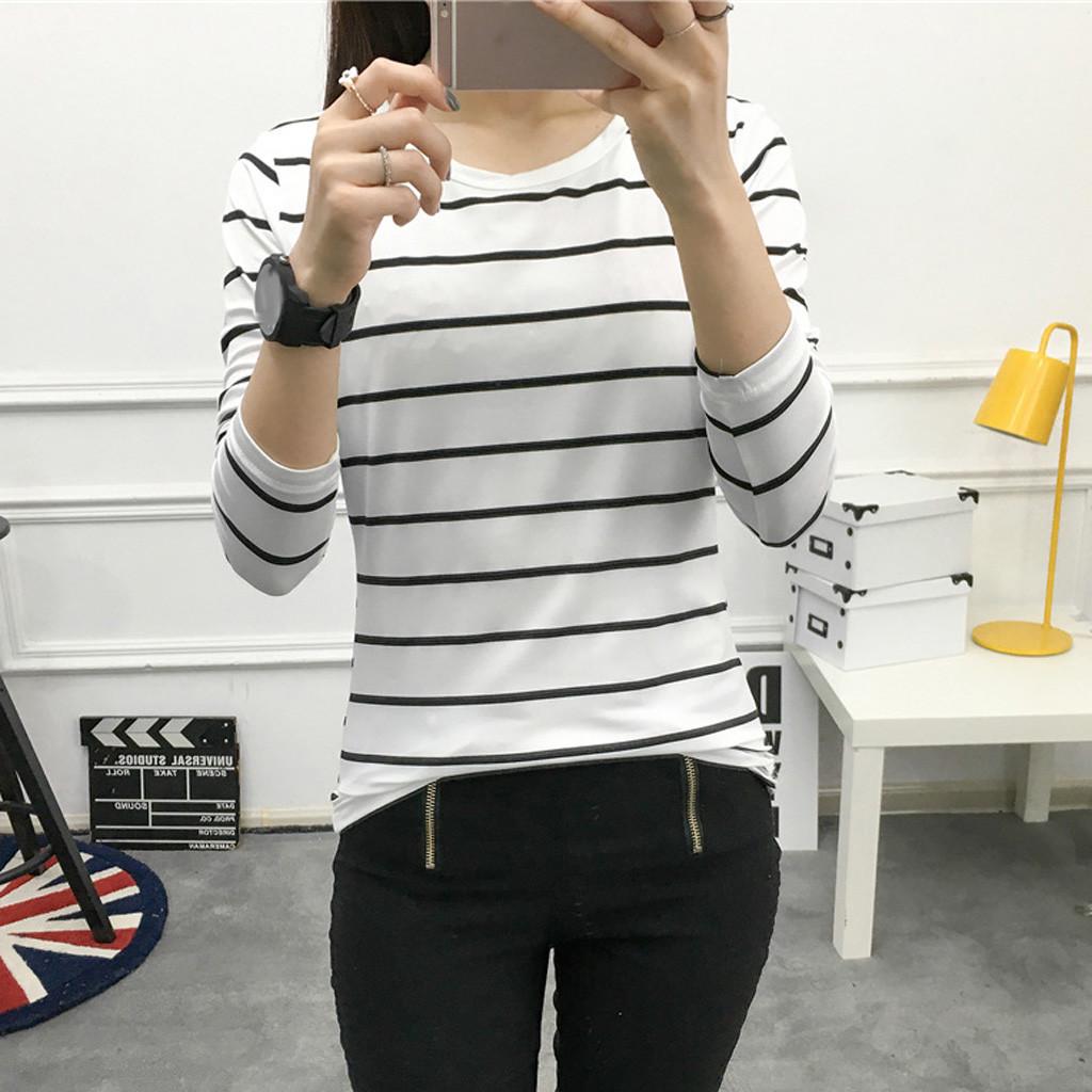 Women Korean Version Loose Stripe Long Sleeve  Bottoming Shirt Casual Tops
