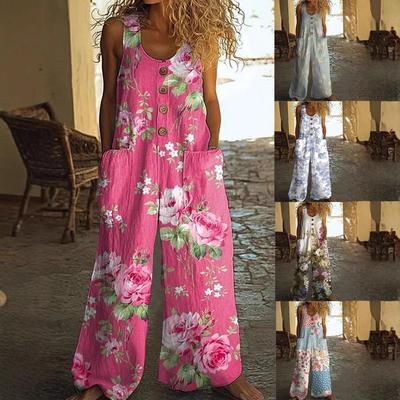 Dames Mouwloze Jumpsuit met Bloemenprint, Knoopsluiting aan de Voorkant en Zijzakken