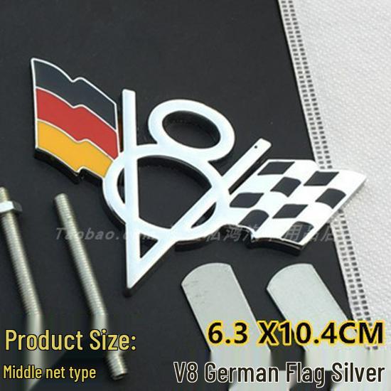 V8 Metal Car Decals for Chevrolet, Dodge, Jeep Tailgates - Includes American, German, British Flags