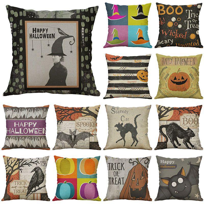 Halloween Animal Print Cushion Cover Cotton Linen Pillow Case With Invisible Zipper For Home Decoration