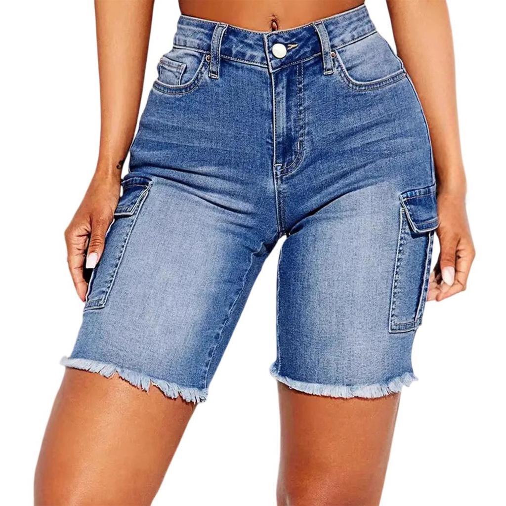 Kadın Denim Klasik Çok Yönlü Yüksek Bel Moda Şort