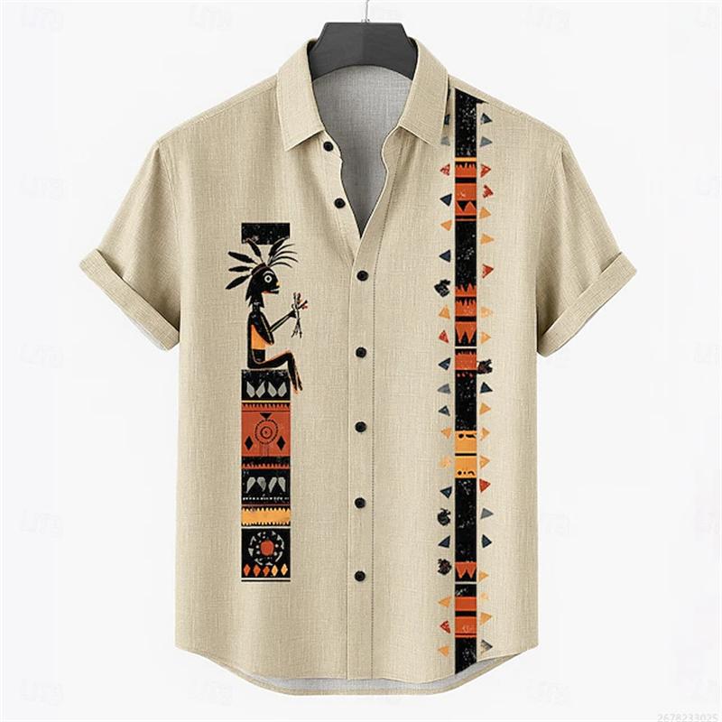 Men's Retro Style Casual Shirts Men's Tops with Tribal Prints, Short-sleeved Casual Beach Shirts, Hawaiian Style Shirts