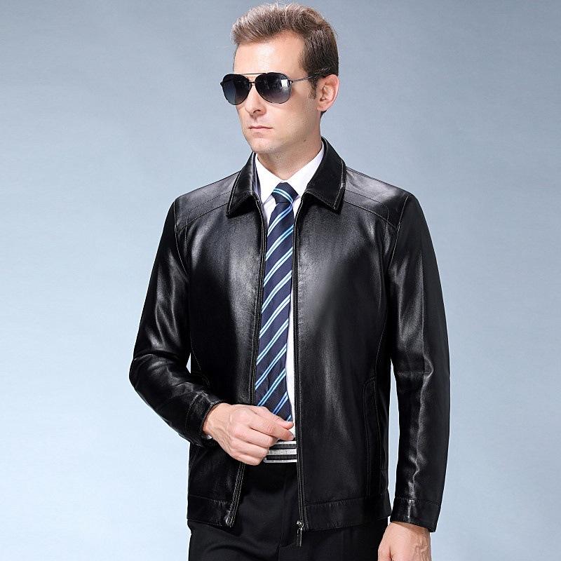Spring and Autumn New Men's Lapel Sheepskin Jacket Middle-aged Jacket Single Leather Plus Velvet Warm Leather Jacket