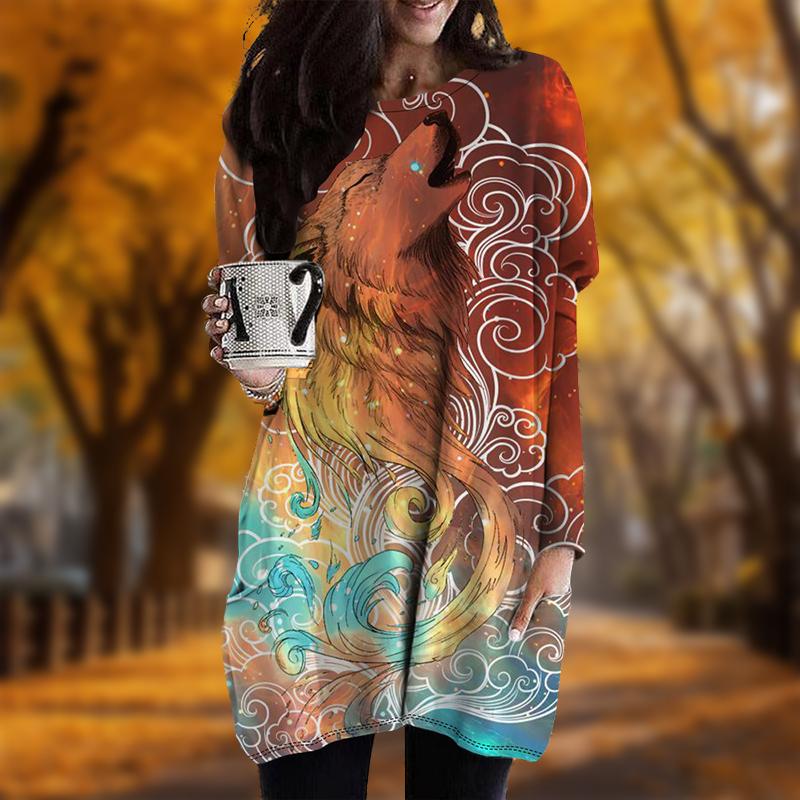 

Новинка осени Xiangyun Wolf Print Plus Size Dress Women O neck Long Sleeves Casual Pocket Dresses 8XL оранжевый