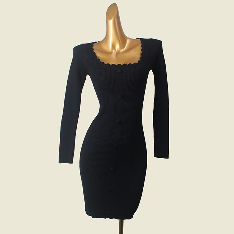 

Foreign Trade Original Order Crescent Collar Sexy Hip Skirt Clavicle Beauty Early Autumn Long Sleeves Silm Elegant Knitting Dress Black One size