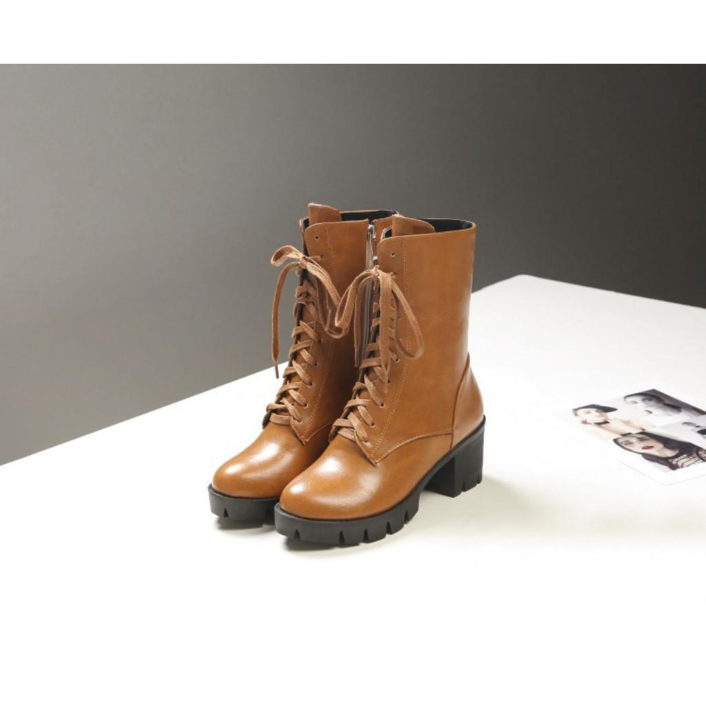 Autumn and Winter Medium Heel Coarse Heel Square Heel Boots Front Lace-Up Women's Boots  40-46