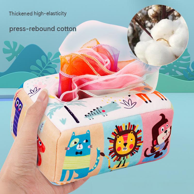 Baby Tissue Box Toy Silicone Montessori Early Learning Toy 0-12 Months Unbreakable Cloth Book Pull Out Toy Washable