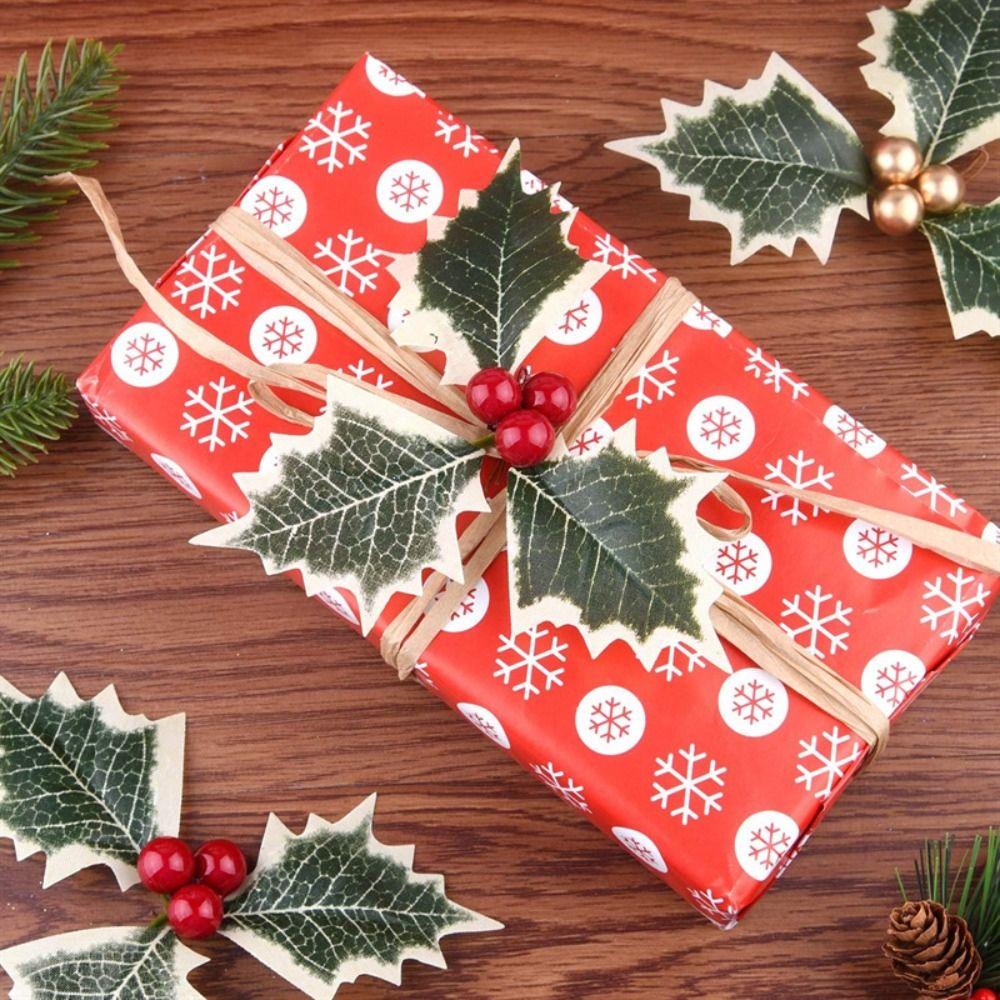 30PCS Fake Plant Artificial Holly Berry Leaves Handmade Materials Red Berries  Christmas Decoration