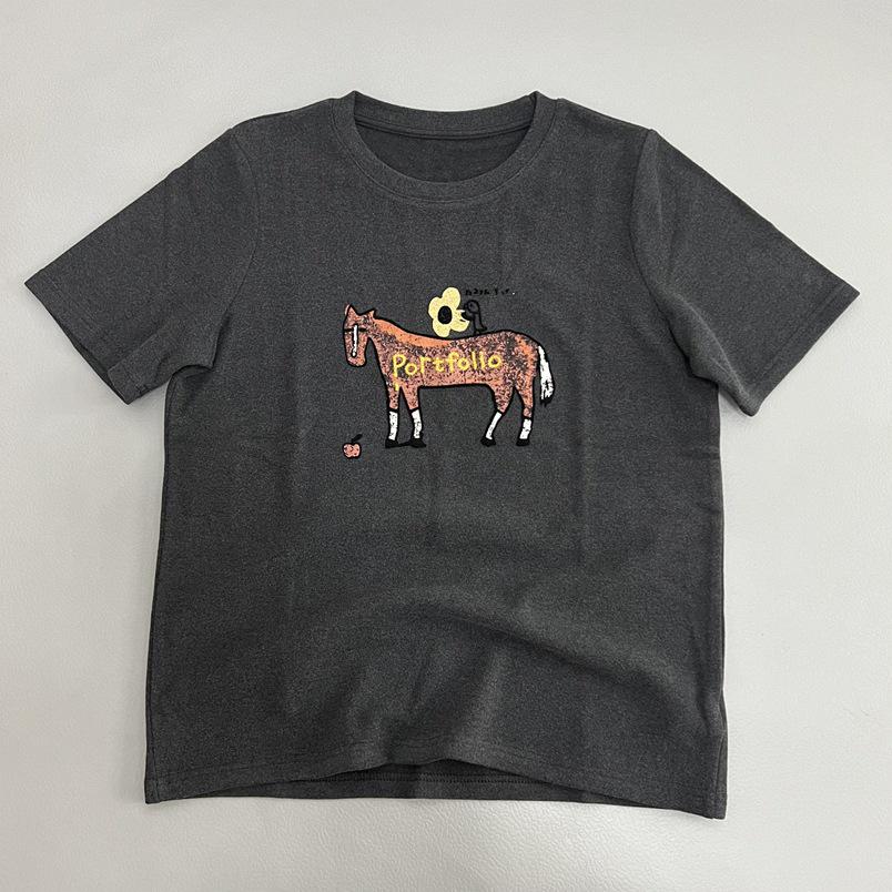 

Cartoon Horse Print Embroidered Short-Sleeve T-Shirt for Women - Casual, Versatile, Age-Reducing Top in Black or Gray for Spring One Size черный серый