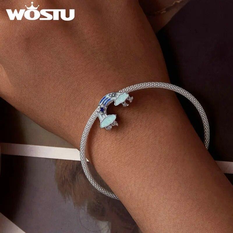 WOSTU 925 Sterling Sølv Smeltende Is Snøkrystall Anheng Blå Opal Kjærlighetshjerte Regnbue Charm Passer Original Armbånd DIY Vintergave