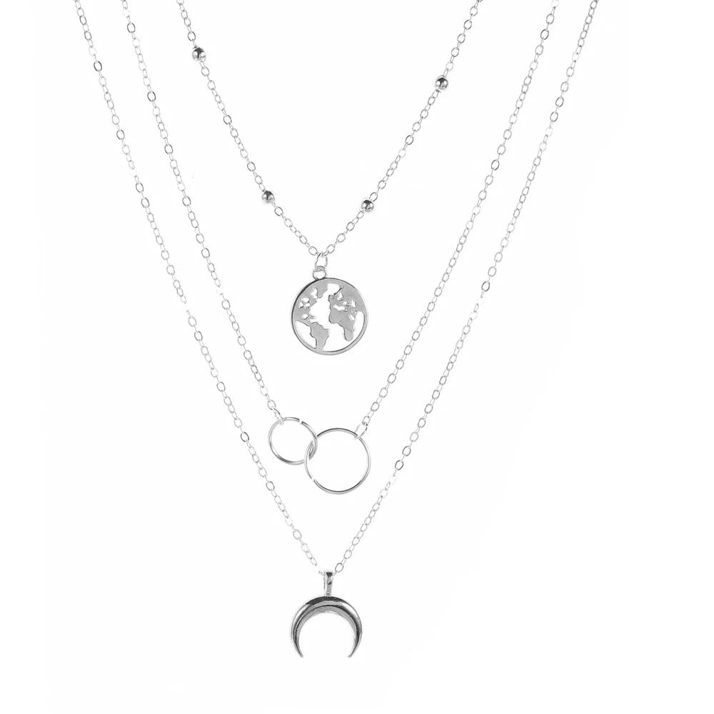 

SUMENG New Fashion Retro Moon World Map Circle Pendant Multilayer Necklace Party Charm Jewelry Accessories For Women Gifts серебряный